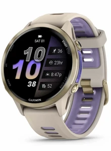 Garmin Forerunner 970 Soft Gold Titanium with French Gray Case and French Gray/Translucent Indigo Band