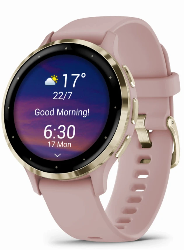 Garmin Venu 3S Soft Gold Stainless Steel Bezel with Dust Rose Case and Silicone Band