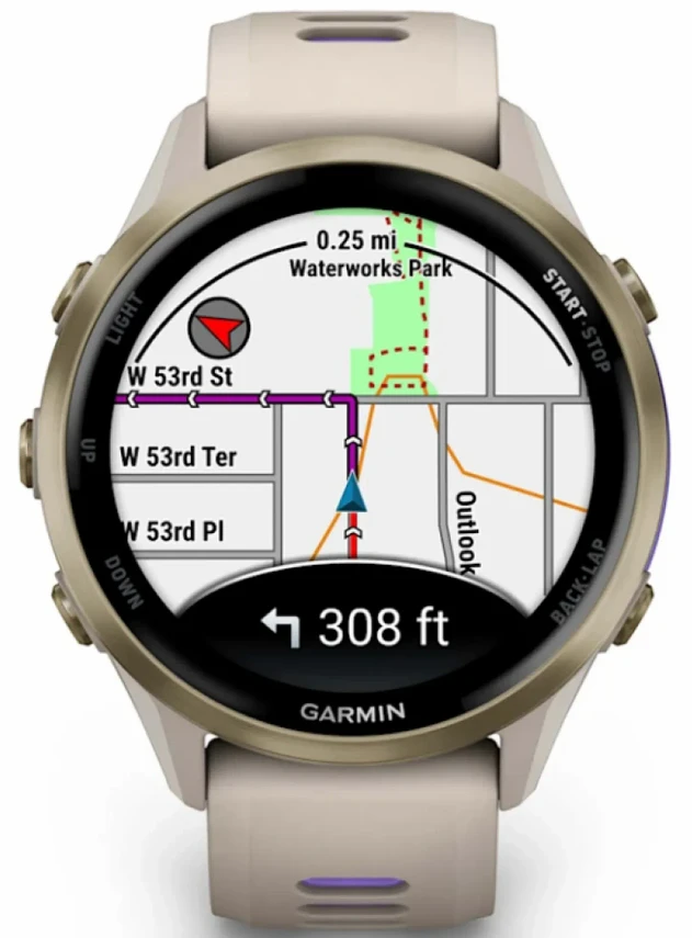 Garmin Forerunner 970 Soft Gold Titanium with French Gray Case and French Gray/Translucent Indigo Band