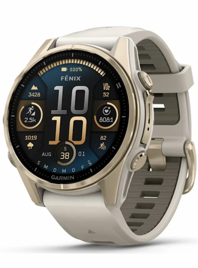 Garmin Fenix8 – 43 mm, AMOLED Sapphire, Soft Gold with Fog Gray/Dark Sandstone Silicone Band