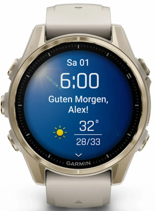 Garmin Fenix8 – 43 mm, AMOLED Sapphire, Soft Gold with Fog Gray/Dark Sandstone Silicone Band