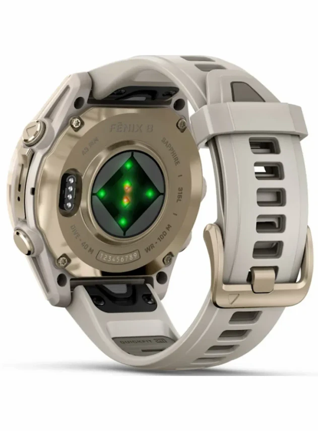Garmin Fenix8 – 43 mm, AMOLED Sapphire, Soft Gold with Fog Gray/Dark Sandstone Silicone Band