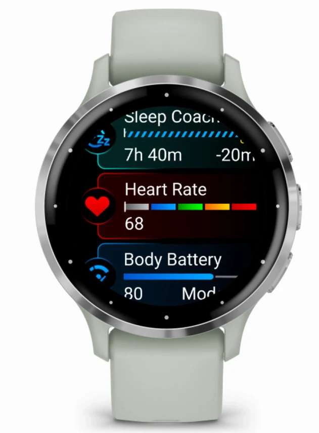 Garmin Venu 3S Silver Stainless Steel Bezel with Sage Gray Case and Silicone Band